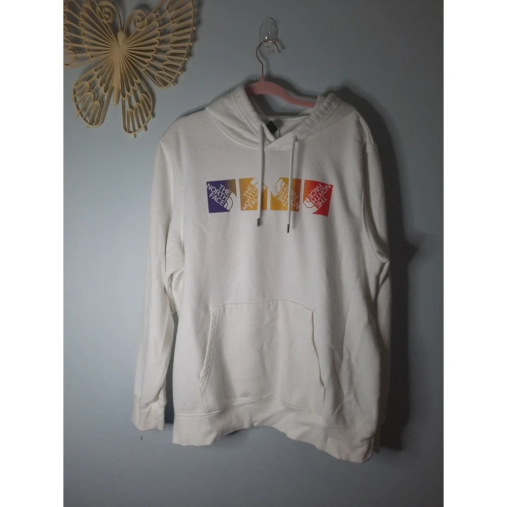 North Face Mens XL Circular Design Hoodie White Multi Color Box Logo Pullover - Picture 1 of 6